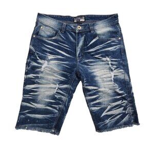 Bleeeker & Mereer Denim Shorts Men's 32W 5 Pkt Dark Feathering Raw Hem EUC LN